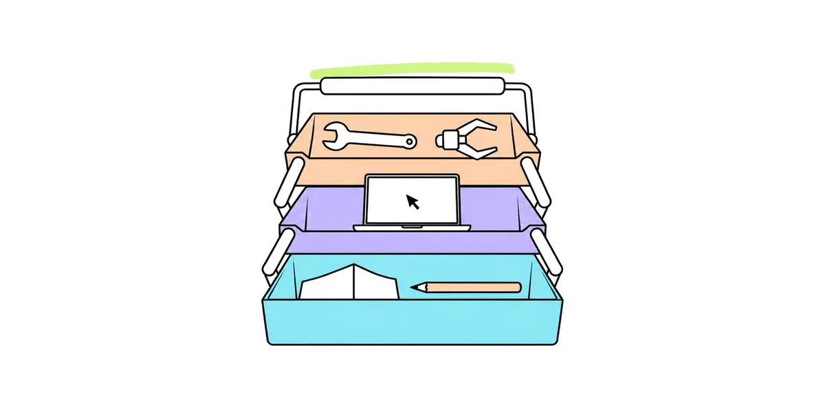 An open toolbox with three trays fanned out in steps: a page and a pencil in the lowest, a laptop with a mouse pointer in the middle, and a wrench and a two-finger gripper in the top tray.