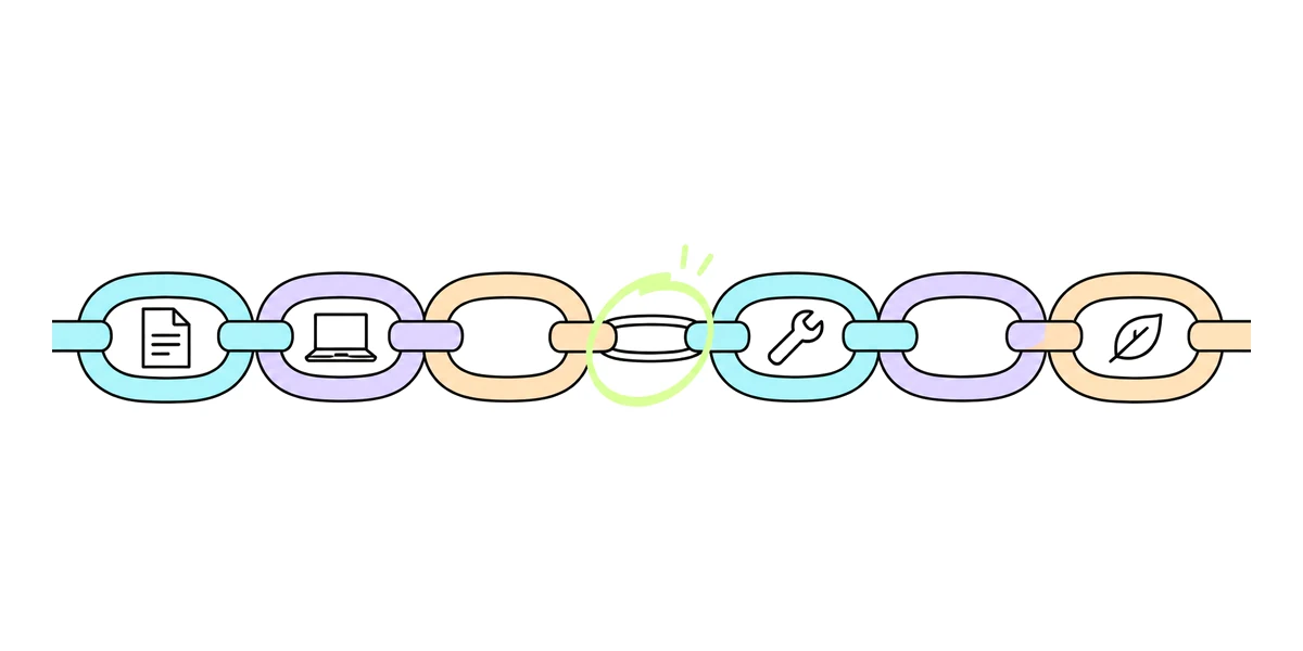 A taut chain of colored links holding a page, a laptop, a wrench and a leaf, with one thin weak link in the middle circled.
