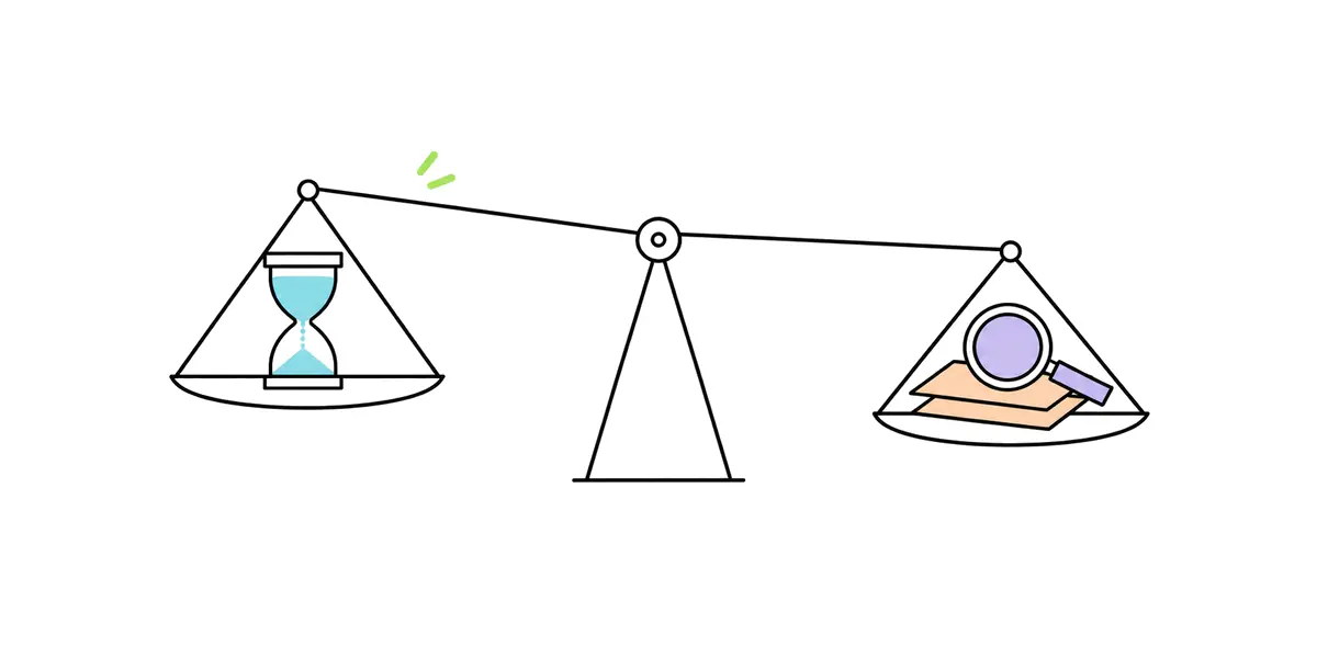 A balance scale with an hourglass on one pan and a magnifying glass on two pages on the other; the side of the review hangs a little lower than the time saved.