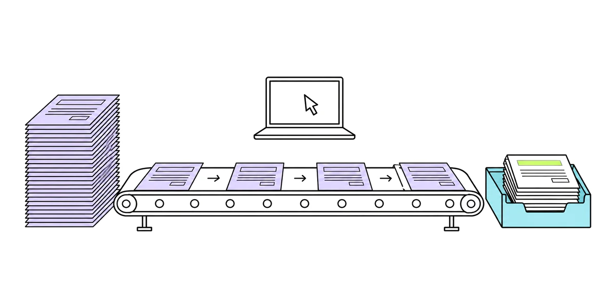 A tall stack of identical forms feeds a conveyor belt that carries them one by one into a tidy tray, while a laptop with a mouse pointer watches over the belt.