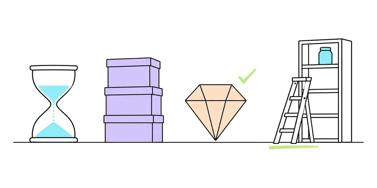 Four objects stand on one line: an hourglass, a stack of three boxes, a cut gemstone with a check mark, and a step ladder against a tall shelf that brings a jar on the top shelf within reach.