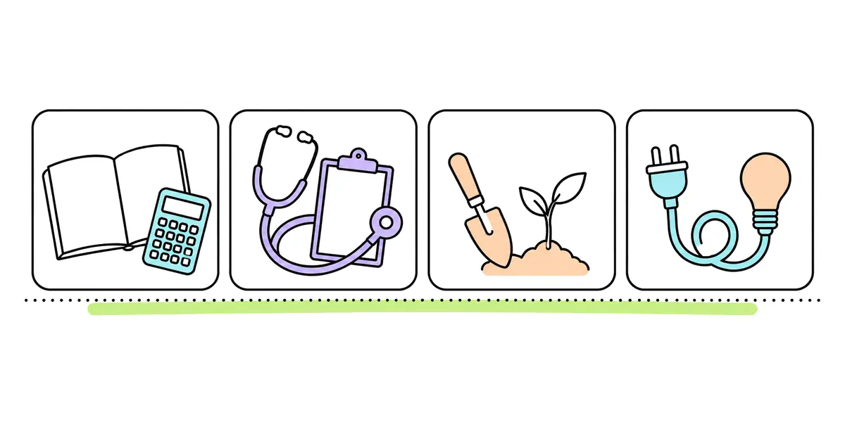 Four outlined tiles in a row on one dotted line: an open ledger with a calculator, a stethoscope around a clipboard, a hand trowel beside a seedling, and a plug whose cable leads to a light bulb.